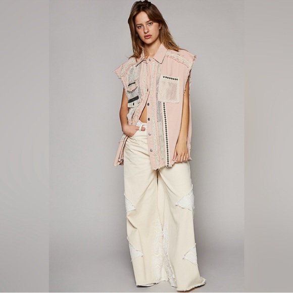 P22. NEW POL Boho Pink Sleeveless Vest Jacket Oversized  Stud Detail NEW Item - Picture 5 of 6